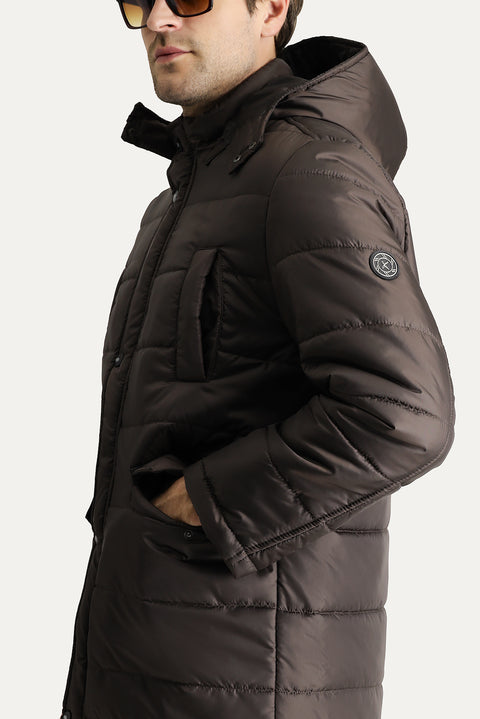 Koyu Kahve Kapüşonlu Spor Şişme Kaban