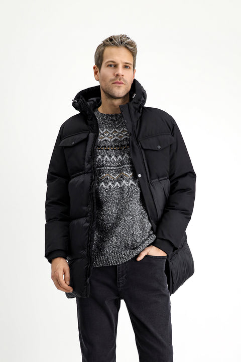 Black Hooded Sports Puffer Jacket