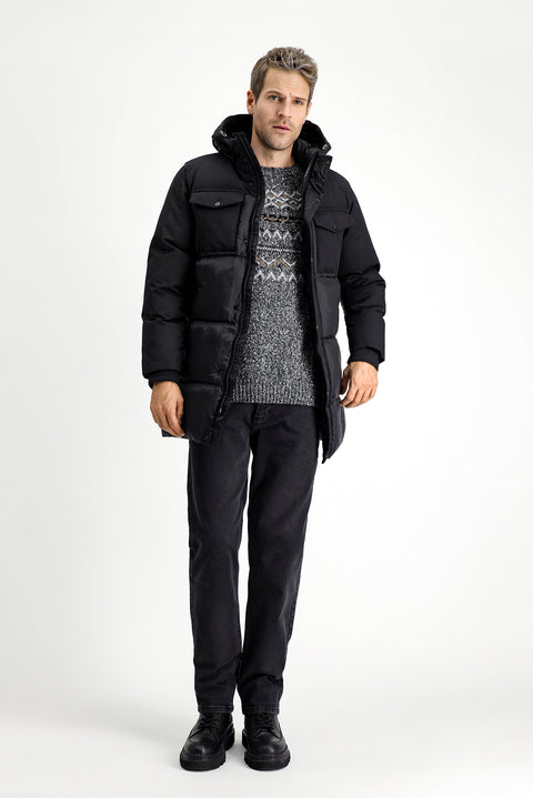 Black Hooded Sports Puffer Jacket