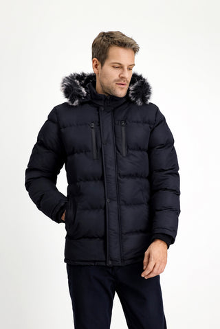  Koyu Lacivert Kürklü Kapüşonlu Spor Şişme Kaban