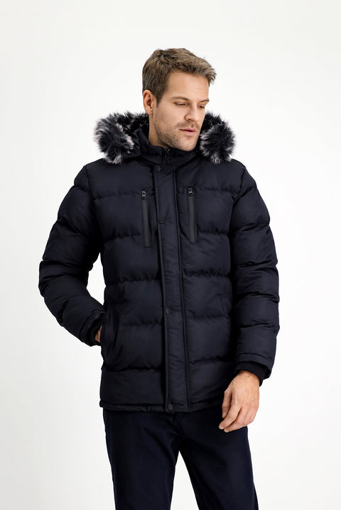 Koyu Lacivert Kürklü Kapüşonlu Spor Şişme Kaban