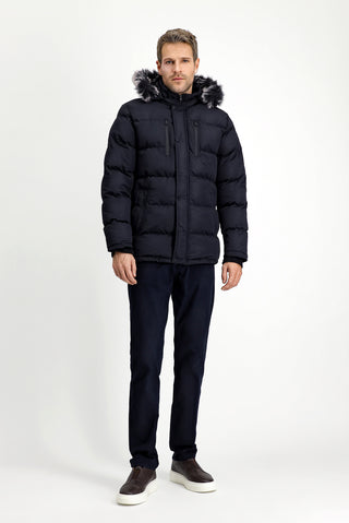  Koyu Lacivert Kürklü Kapüşonlu Spor Şişme Kaban