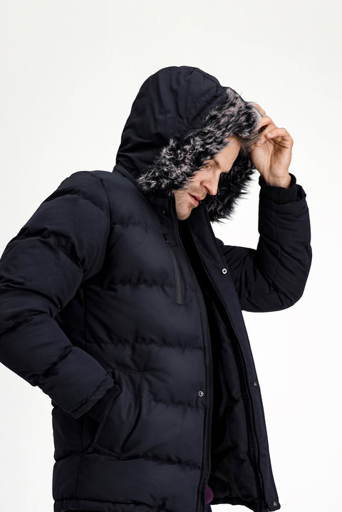 Koyu Lacivert Kürklü Kapüşonlu Spor Şişme Kaban