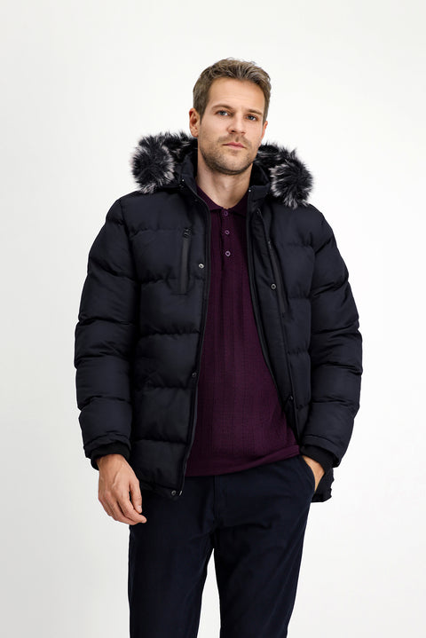 Koyu Lacivert Kürklü Kapüşonlu Spor Şişme Kaban