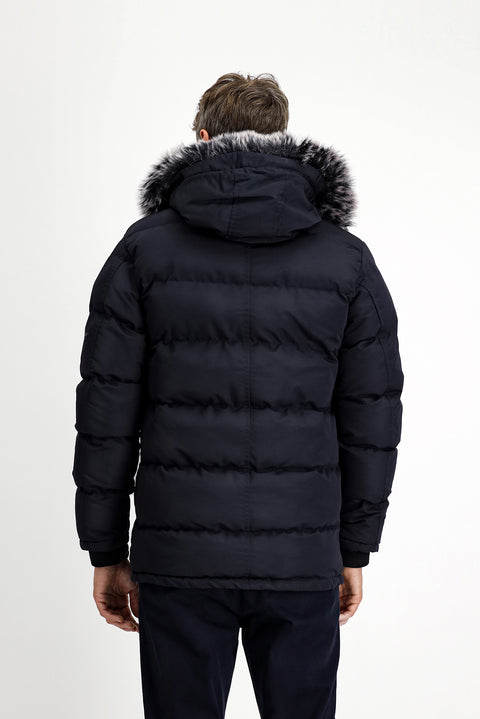 Koyu Lacivert Kürklü Kapüşonlu Spor Şişme Kaban