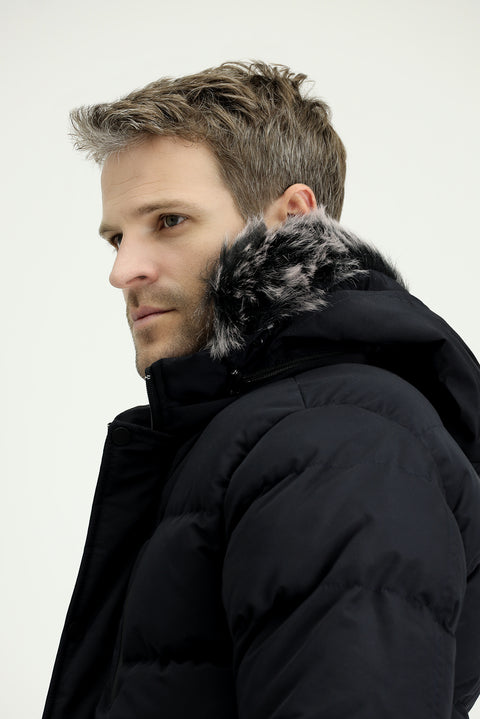 Koyu Lacivert Kürklü Kapüşonlu Spor Şişme Kaban