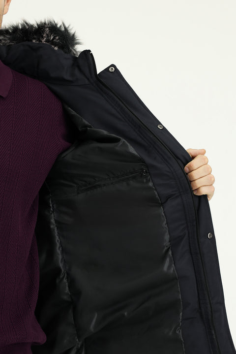 Koyu Lacivert Kürklü Kapüşonlu Spor Şişme Kaban