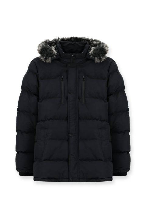 Koyu Lacivert Kürklü Kapüşonlu Spor Şişme Kaban