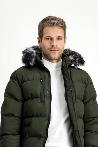  Koyu Haki Kürklü Kapüşonlu Spor Şişme Kaban