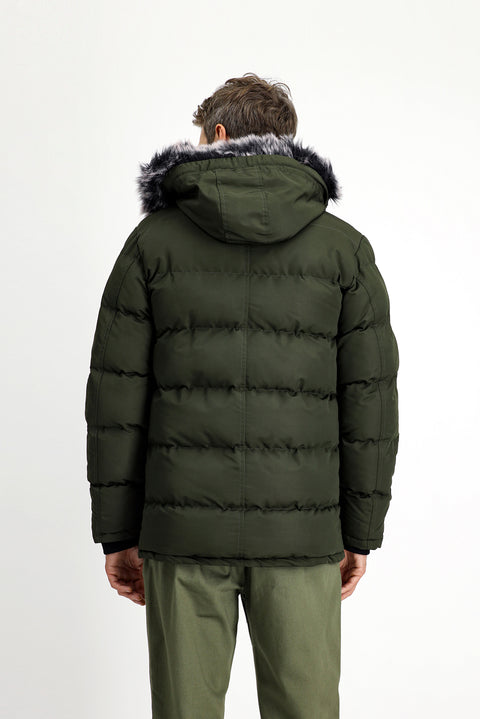 Koyu Haki Kürklü Kapüşonlu Spor Şişme Kaban