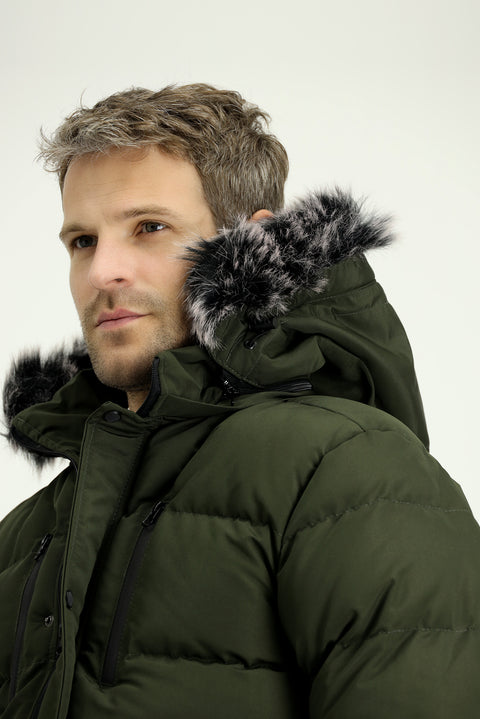 Koyu Haki Kürklü Kapüşonlu Spor Şişme Kaban