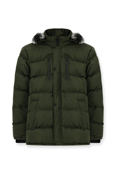 Koyu Haki Kürklü Kapüşonlu Spor Şişme Kaban