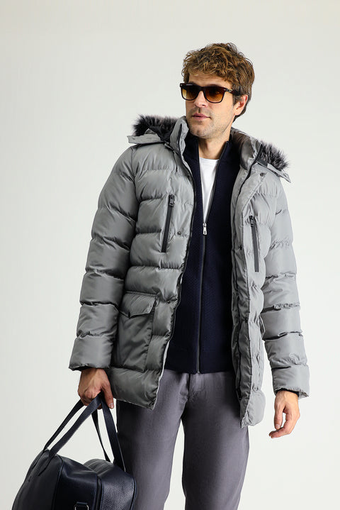 Orta Gri Kapüşonlu Şişme Spor Kaban