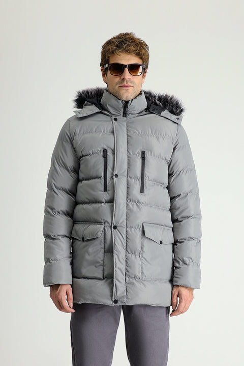 Orta Gri Kapüşonlu Şişme Spor Kaban