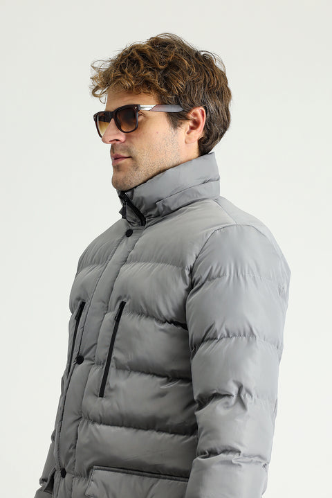 Orta Gri Kapüşonlu Şişme Spor Kaban