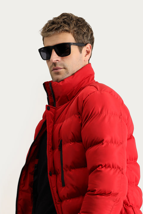 Açık Kırmızı Kapüşonlu Şişme Spor Kaban