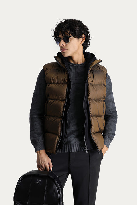 Medium Khaki Slim Fit Narrow Cut Hooded Puffer Vest