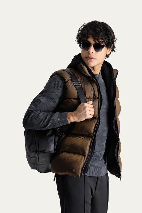 Medium Khaki Slim Fit Narrow Cut Hooded Puffer Vest