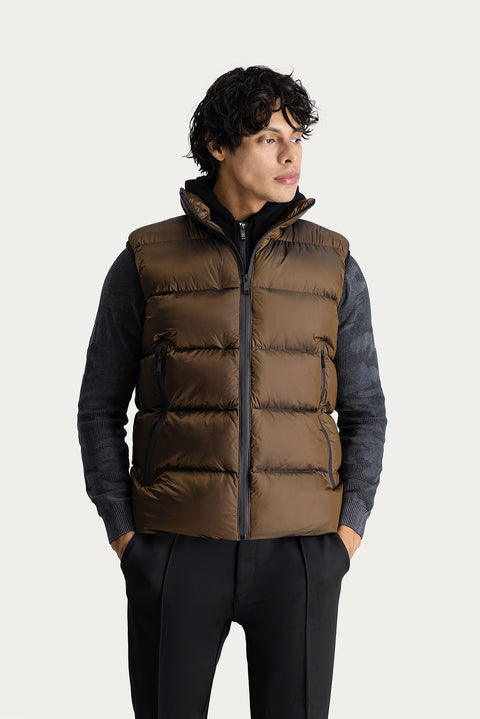 Medium Khaki Slim Fit Narrow Cut Hooded Puffer Vest