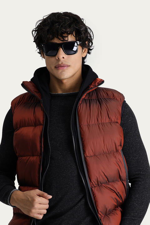 Kiremit Slim Fit Dar Kesim Kapüşonlu Şişme Yelek