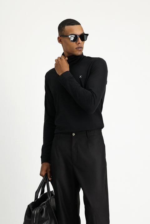 Siyah Balıkçı Yaka Slim Fit Dar Kesim Pamuklu Sweatshirt