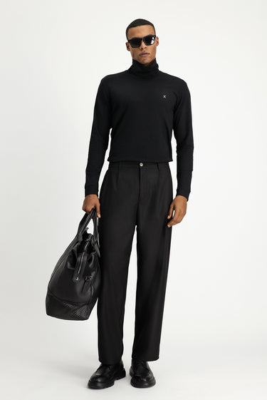 Siyah Balıkçı Yaka Slim Fit Dar Kesim Pamuklu Sweatshirt
