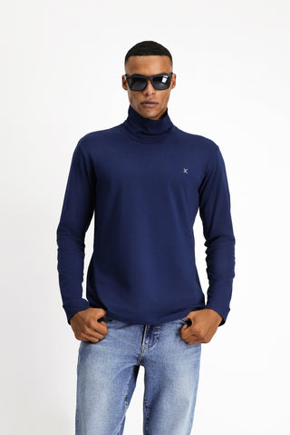  Koyu Lacivert Balıkçı Yaka Slim Fit Dar Kesim Pamuklu Sweatshirt