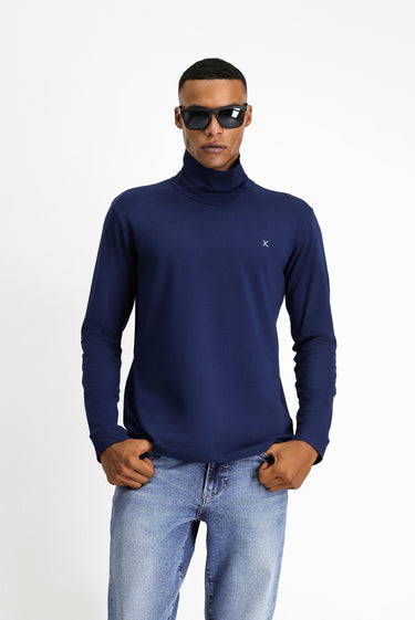 Koyu Lacivert Balıkçı Yaka Slim Fit Dar Kesim Pamuklu Sweatshirt