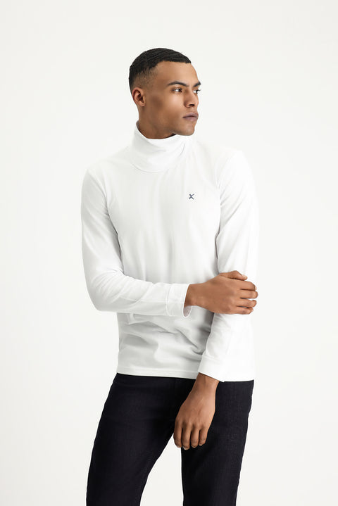 Beyaz Balıkçı Yaka Slim Fit Dar Kesim Pamuklu Sweatshirt