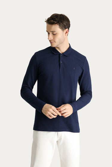 Koyu Lacivert Polo Yaka Regular Fit Nakışlı Pamuk Sweatshirt