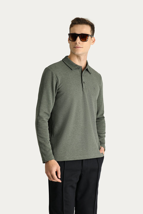 Koyu Yeşil Polo Yaka Regular Fit Nakışlı Sweatshirt
