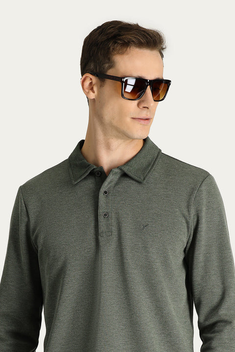 Koyu Yeşil Polo Yaka Regular Fit Nakışlı Sweatshirt