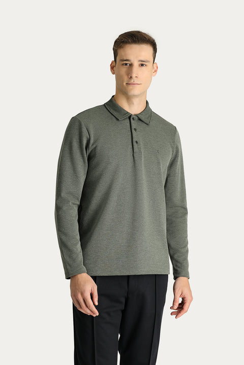 Koyu Yeşil Polo Yaka Regular Fit Nakışlı Sweatshirt