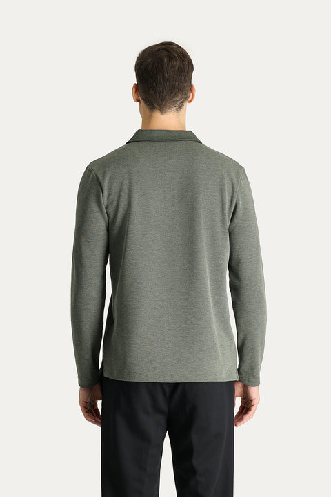 Koyu Yeşil Polo Yaka Regular Fit Nakışlı Sweatshirt