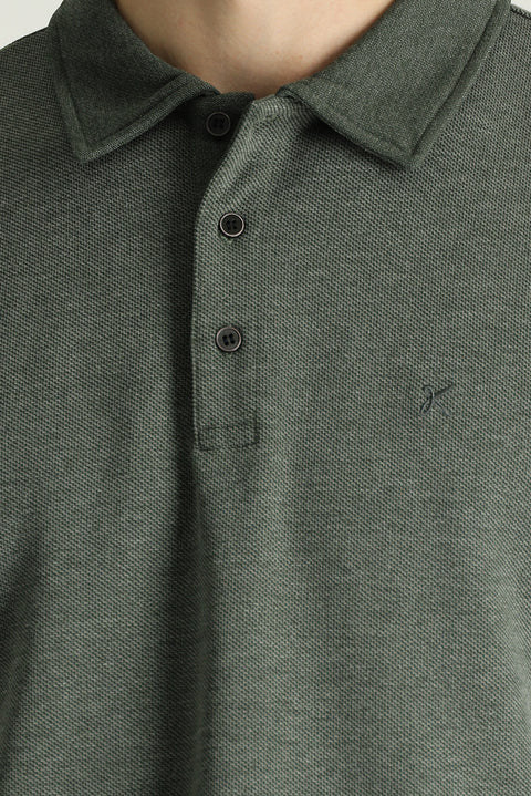 Koyu Yeşil Polo Yaka Regular Fit Nakışlı Sweatshirt