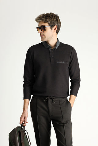  Orta Kahve Polo Yaka Desenli Sweatshirt