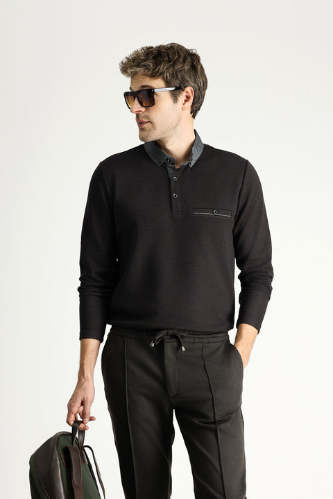 Orta Kahve Polo Yaka Desenli Sweatshirt