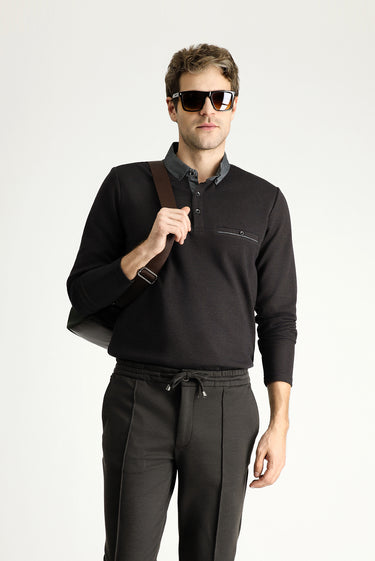 Orta Kahve Polo Yaka Desenli Sweatshirt