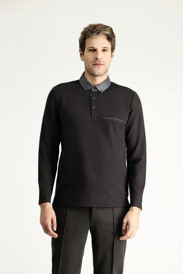 Orta Kahve Polo Yaka Desenli Sweatshirt