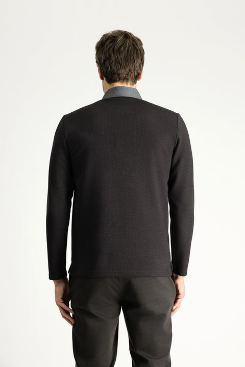 Orta Kahve Polo Yaka Desenli Sweatshirt