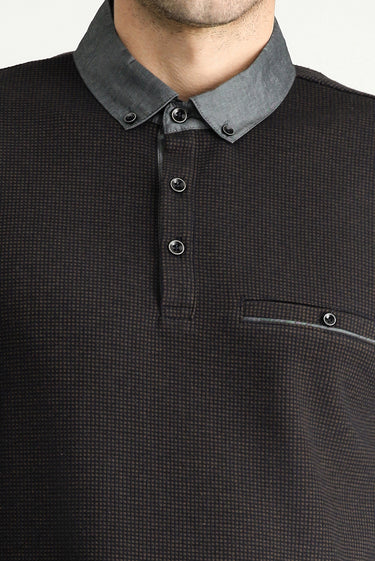 Orta Kahve Polo Yaka Desenli Sweatshirt
