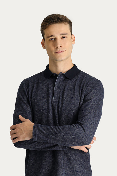 Koyu Lacivert Polo Yaka Nakışlı Sweatshirt