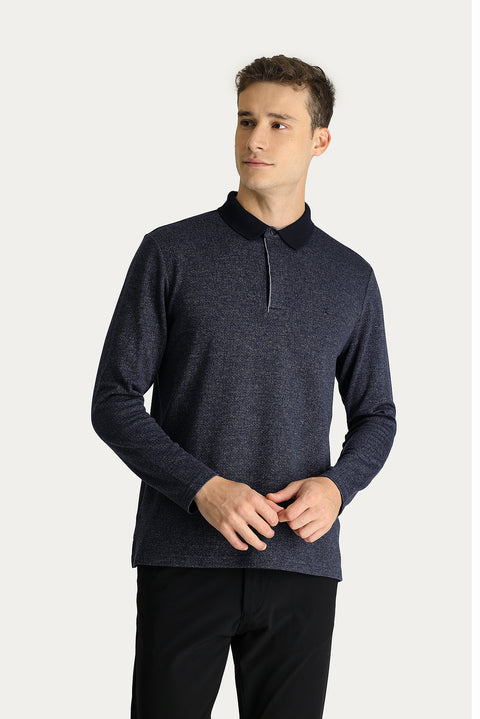 Koyu Lacivert Polo Yaka Regular Fit Nakışlı Sweatshirt