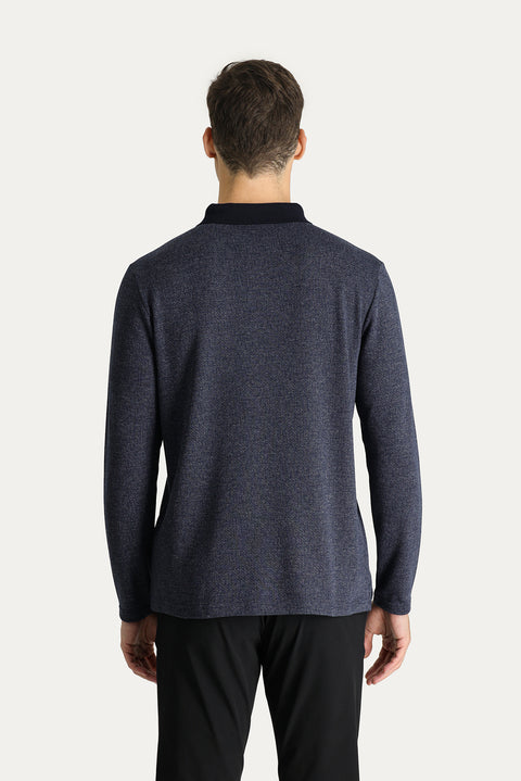 Koyu Lacivert Polo Yaka Nakışlı Sweatshirt