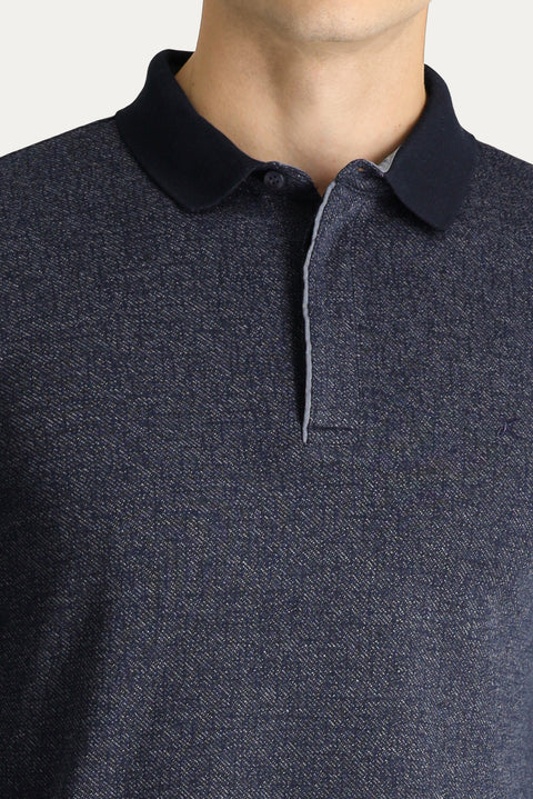 Koyu Lacivert Polo Yaka Nakışlı Sweatshirt