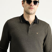 Orta Kahve Polo Yaka Regular Fit Desenli Nakışlı Sweatshirt