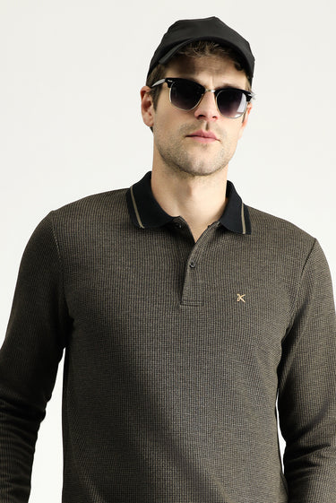 Orta Kahve Polo Yaka Regular Fit Desenli Nakışlı Sweatshirt
