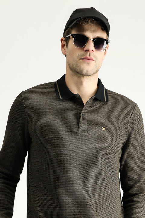 Medium Brown Polo Collar Regular Fit Patterned Embroidered Sweatshirt