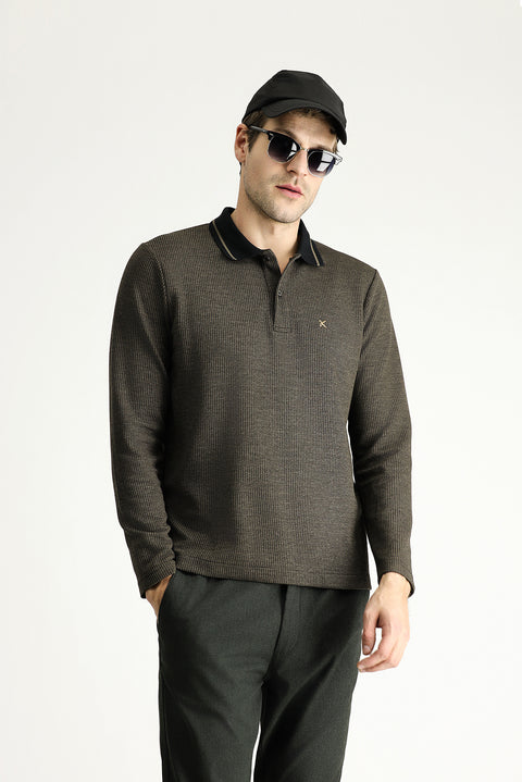 Medium Brown Polo Collar Regular Fit Patterned Embroidered Sweatshirt