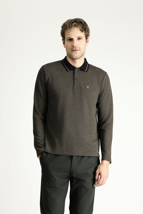 Medium Brown Polo Collar Regular Fit Patterned Embroidered Sweatshirt